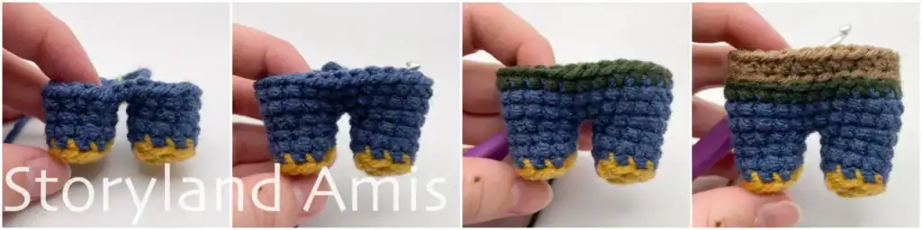 A four-panel image tutorial showing the progression of a work-in-progress crocheted scarecrow body.