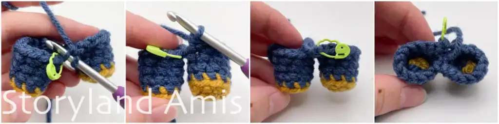A four-panel image tutorial showing step-by-step how to join the two legs together to create an amigurumi scarecrow body.