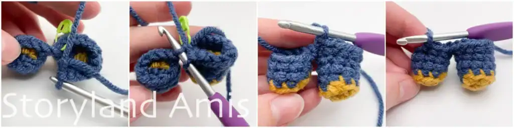 A four-panel image tutorial showing step-by-step how to join the two legs together to create an amigurumi scarecrow body.