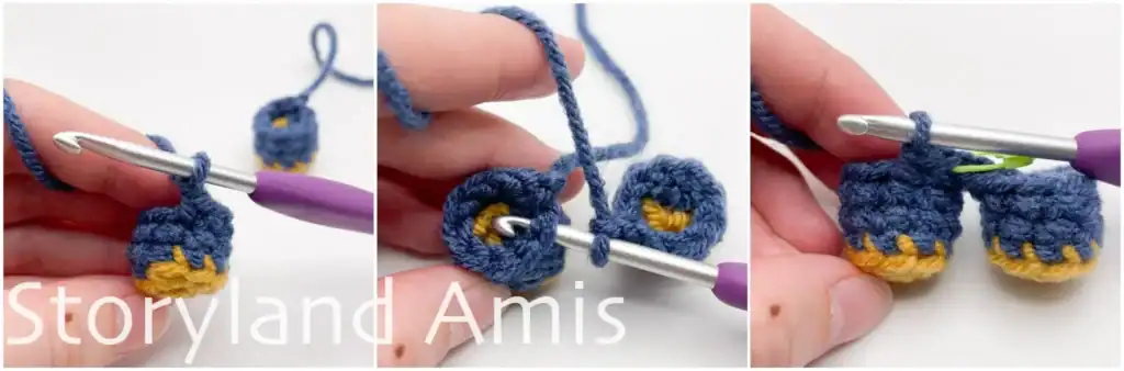 A three-panel image tutorial showing step-by-step how to join the two legs together to create an amigurumi scarecrow body.