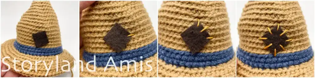 A four-panel image tutorial showing step-by-step how to sew a square felt patch to the side of a crocheted hat for an amigurumi scarecrow.