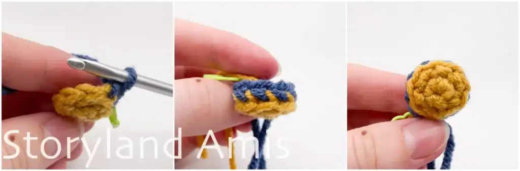 Three-panel image tutorial showing how to crochet in the back loops only.