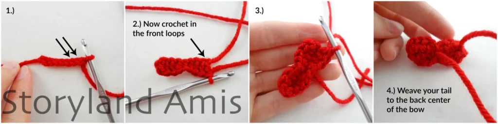 A four-panel image showing step-by-step how to make a crocheted bow.