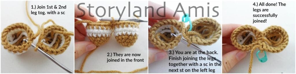 A four-panel image shows step-by-step how to join two crocheted legs together to create a body for an amigurumi gingerbread man.