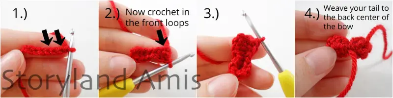 A four-panel image shows step-by-step how to crochet a small red bow.