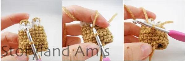 A three-panel image showing step-by-step how to join yarn to the front loops of an amigurumi gingerbread girl's body to crochet a skirt around the body.
