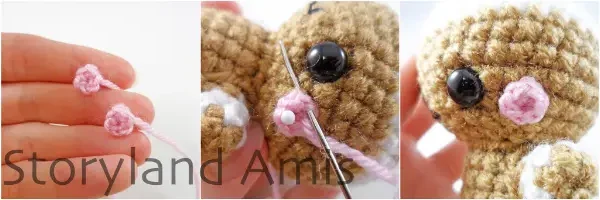A three-panel image with the first image showing a hand holding two small pink crocheted circles. The second image shows a close-up of one of the pink circles being sewn onto an amigurumi gingerbread boy's face for cheeks. The third image shows a close-up of the side of an amigurumi gingerbread boy's head, showing the cheek sewn on.