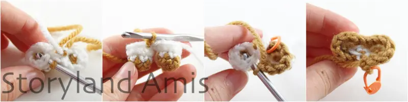 A four-panel image showing step-by-step how to crochet the legs together to create a body for an amigurumi gingerbread man.