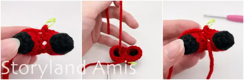 A three-panel image showing step-by-step how to sew a hole closed between the crocheted legs of an amigurumi Santa Claus.