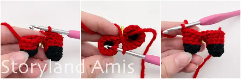 A three-panel image showing step-by-step how to crochet two legs together to create a body for an amigurumi Santa Claus.