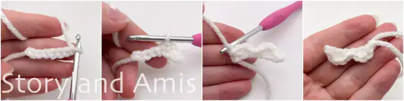 A four-panel image showing the process of crocheting a mustache for an amigurumi Santa Claus doll.