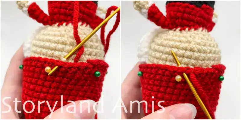 A two-panel image showing step-by-step how to sew a crocheted hat onto the head of an amigurumi Santa Claus.