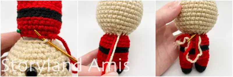 A three-panel image with the first image showing how to sew the crocheted head to the body. The last two photos show the two remaining tails from the body and head being knotted together and then woven into the head of the doll using a tapestry needle.