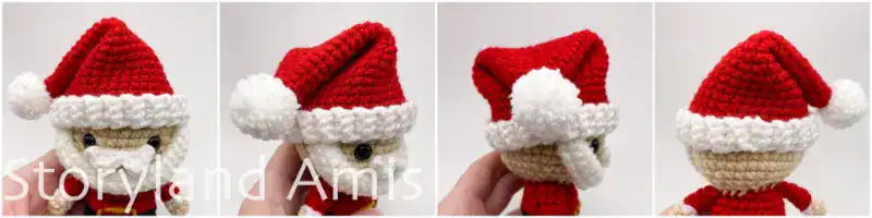 A four-panel image showing the head of an amigurumi Santa Claus doll from four different angles.