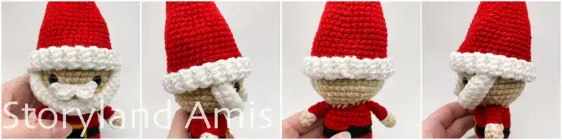A four-panel image shows close-up photos of an amigurumi Santa Claus's head. Each photo features a different angle.