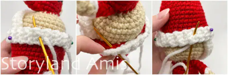A three-panel image shows step-by-step how to sew a crocheted hat band to the edge of a hat on the head of an amigurumi Santa Claus doll.