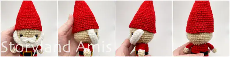 A four-panel image showing a partially finished amigurumi Santa Claus doll from four different angles.