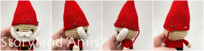 A four-panel image showing an amigurumi Santa Claus wearing a red hat. Each image shows the head and hat from a different angle.