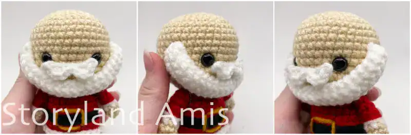 A three-panel image shows close-up pictures of an amigurumi Santa Claus's head from three different angles, showing the placement of the beard and mustache.