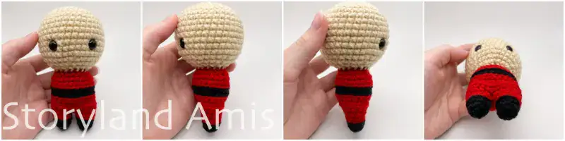 A four-panel image shows a partially finished amigurumi Santa Claus from four different angles.