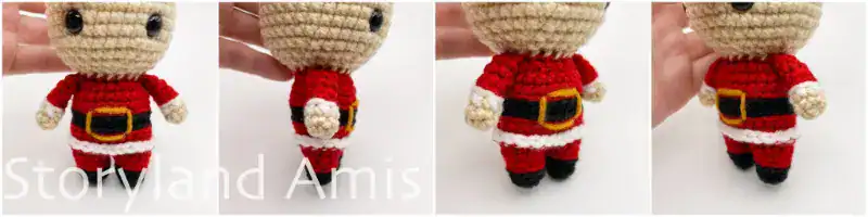 A four-panel image showing a partially finished crocheted Santa Claus doll from four different angles.