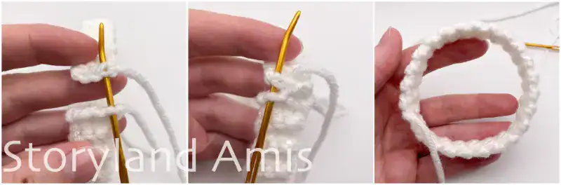 A three-panel image shows a hand using a tapestry needle to sew the two short ends of a crocheted hat band together to create a circular band.