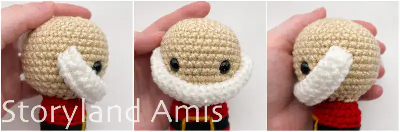 A three-panel image showing close-up shots of a partially finished amigurumi Santa Claus's head.