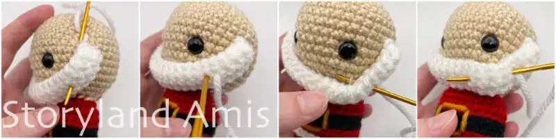 A four-panel image shows step-by-step how to sew a beard to an amigurumi Santa Claus head.