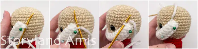 A four-panel image shows step-by-step how to sew a beard to an amigurumi Santa Claus head.