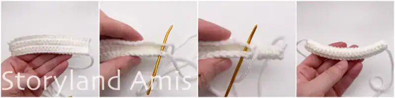 A four-panel image showing step-by-step how to fold a crocheted piece in half lengthwise and sew it closed using a tapestry needle to create a tube.
