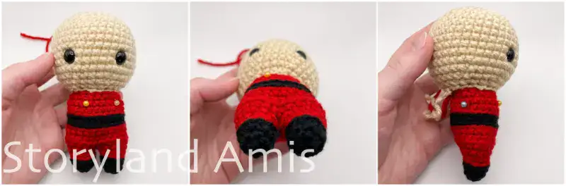 A three-panel image shows a partially finished amigurumi Santa Claus. Each image shows the doll from a different angle, showing how to position the body to the head before sewing the two pieces together.