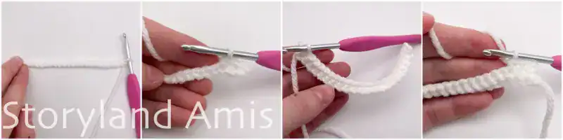 A four-panel image showing step-by-step how to crochet into a chain.