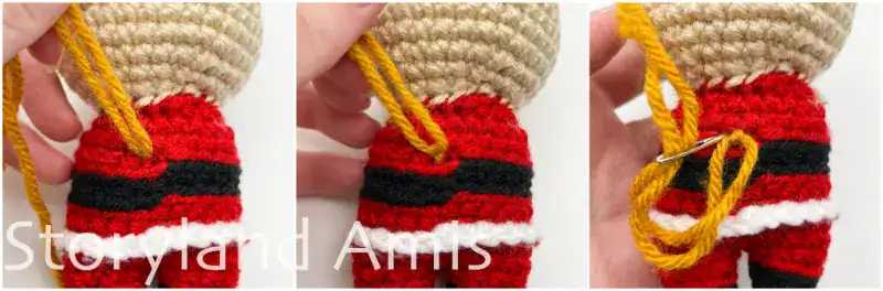 A three-panel image showing how to knot the two yarn tails from the belt buckle at the back of the crocheted Santa Claus body and weave them into the body.