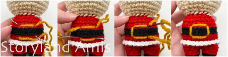 A four-panel image with step-by-step photos showing how to embroider a belt buckle on the front of the body of an amigurumi Santa Claus.