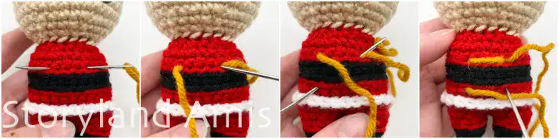 A four-panel image with step-by-step photos showing how to embroider a belt buckle on the front of the body of an amigurumi Santa Claus.