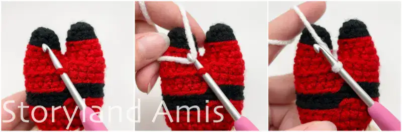 A three-panel image shows step-by-step how to crochet the border fringe around the body of an amigurumi Santa Claus.