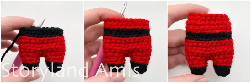 A three-panel image showing how the black belt is crocheted into the body of the Amigurumi Santa Claus.