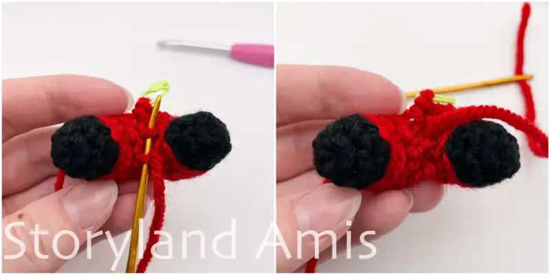 A two-panel image shows a tapestry needle being used to sew an opening closed between the legs of a crocheted Santa Claus.
