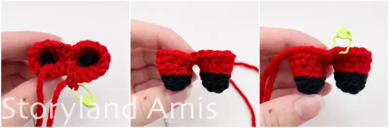 A three-panel image showing step-by-step how to crochet two legs together to create a body for an amigurumi Santa Claus.