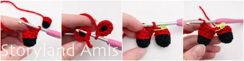 A four-panel image showing step-by-step how to crochet two legs together to create the body for an amigurumi Santa Claus.