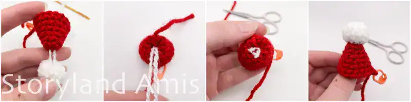 A four-panel image showing step-by-step how to add a pom pom to a crocheted Santa Claus hat.