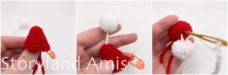A three-panel image showing step-by-step how to add a pom pom to a crocheted Santa Claus hat.