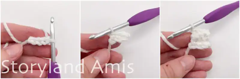 A three-panel image shows the process of a white hat band being crocheted.