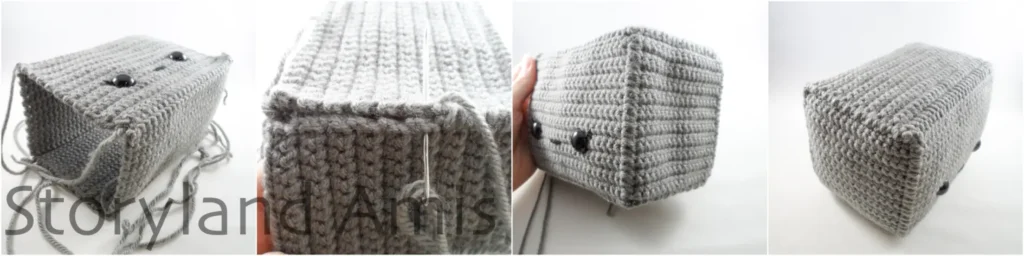 A four-panel image shows a partially finished amigurumi robot head as it is being sewn together and assembled.