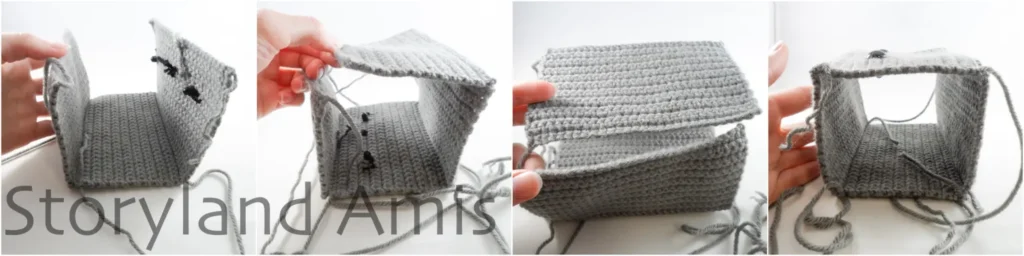 A four-panel image shows step-by-step how to join four gray crocheted rectangle pieces to create an amigurumi robot's head.
