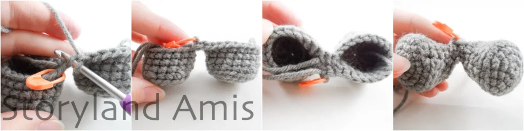 A four-panel image shows two crocheted legs being crocheted together and what they look like from different angles after being joined together.