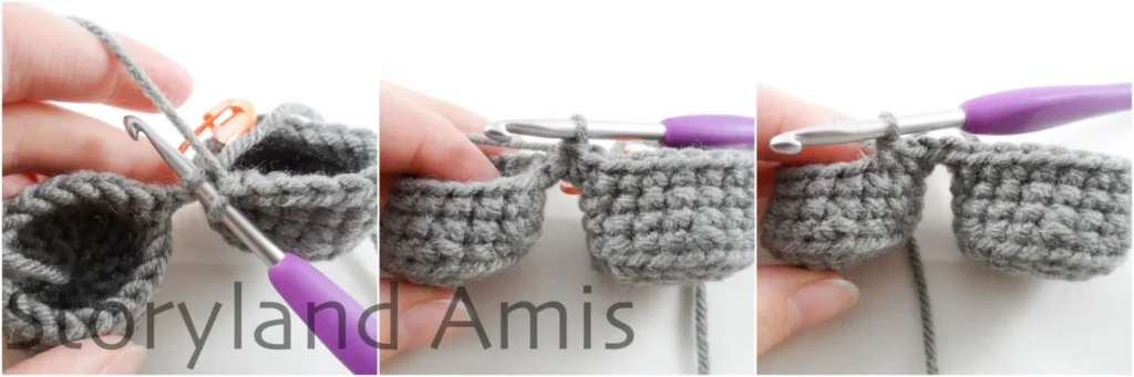 A three-panel image that shows step-by-step how to join two crochet legs together to create an amigurumi robot body.