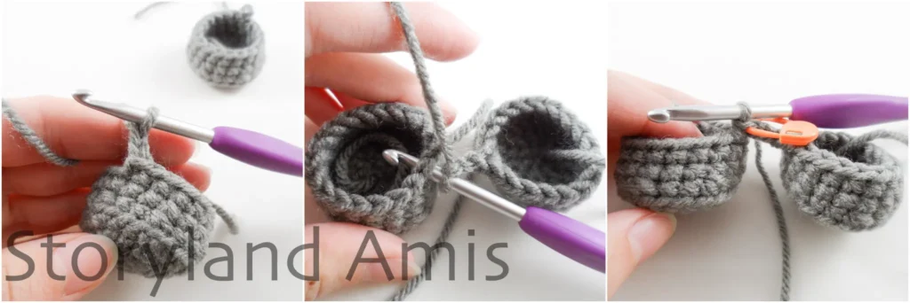 A three-panel image shows step-by-step how to join two crocheted legs together to create an amigurumi robot body.