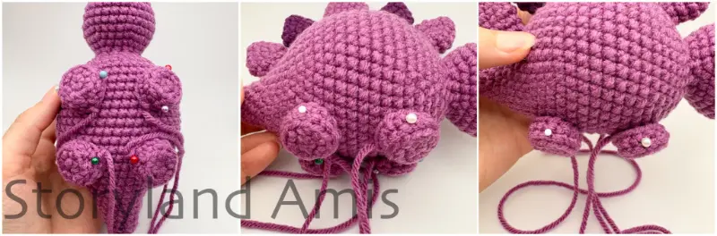 A three-panel images shows how to position the legs to the body of an amigurumi stegosaurus.