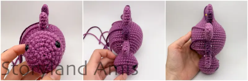 A three-panel image shows a partially finished amigurumi stegosaurus from three different angles. The first photo shows the dinosaur from the front, and the last two photos show the dinosaur from above.